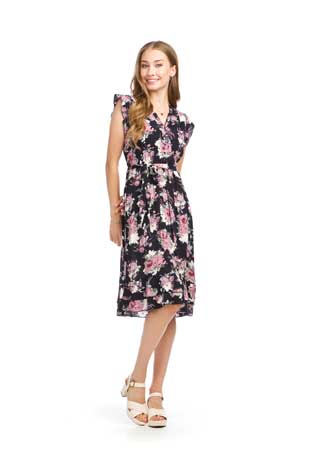 PD-16581 - FLORAL HENLEY RUFFLE TRIM DRESS WITH ELASTIC WAIST AND TIE BELT - Colors: AS SHOWN - Available Sizes:XS-XXL - Catalog Page:9 